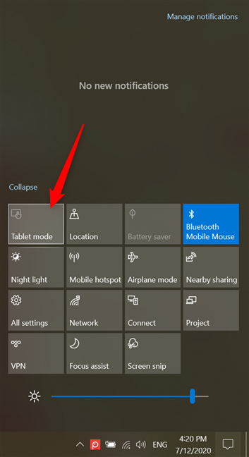 The Tablet mode Quick action turns gray when disabled