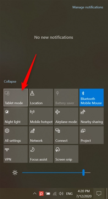 The Tablet mode Quick action turns gray when disabled