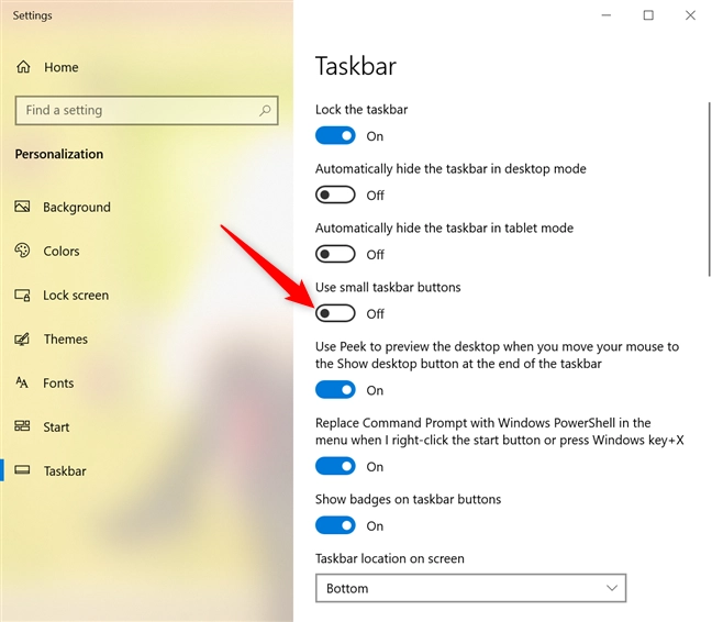 Disable Use small taskbar buttons