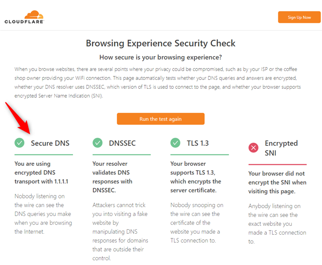 The message you get from Cloudflare when you're using DNS over HTTPS