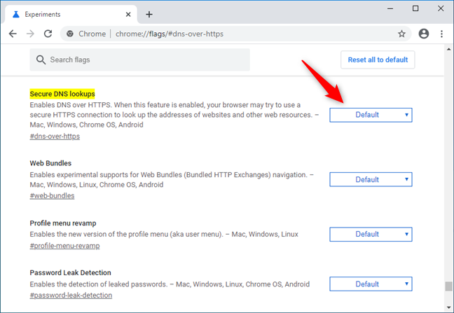 The Secure DNS lookups experimental setting from Google Chrome