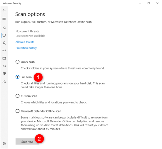 All the scanning options offered by the default antivirus in Windows Security