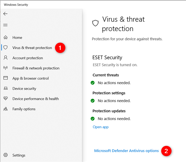 Virus &amp; threat protection options in Windows 10