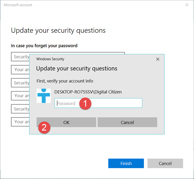 Windows 10, security questions