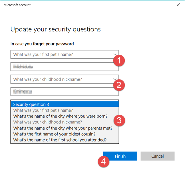 Windows 10, security questions