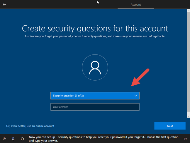 Windows 10, security questions