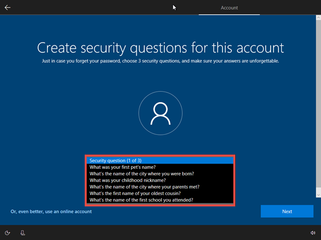 Windows 10, security questions