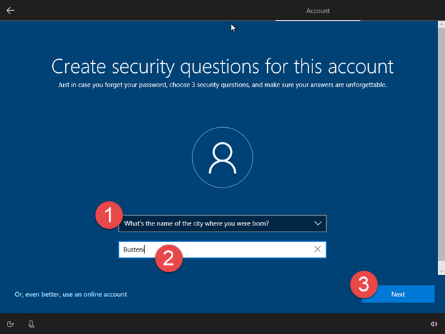 Windows 10, security questions