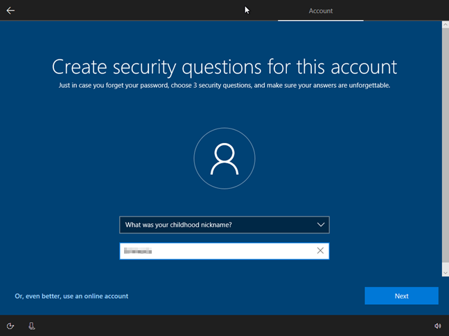 Windows 10, security questions