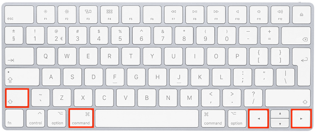 Use Command, Shift, and the left and right arrow keys to extend your selection until the beginning or end of the line