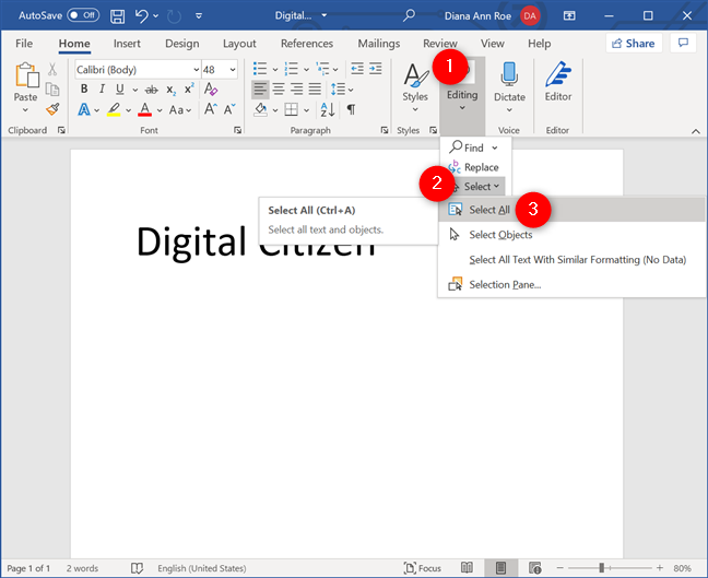 Selecting All text in Word