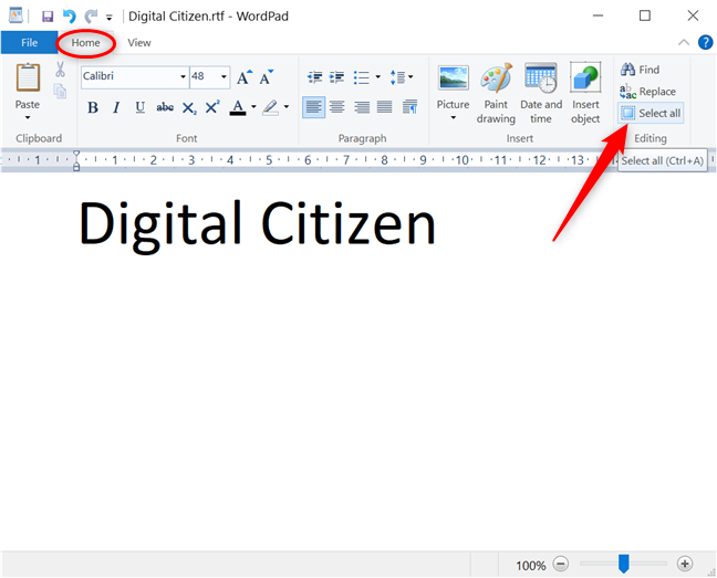 Select all in WordPad