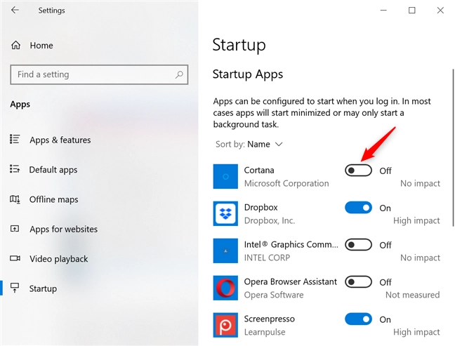 Use the switch to change the Windows 10 startup programs