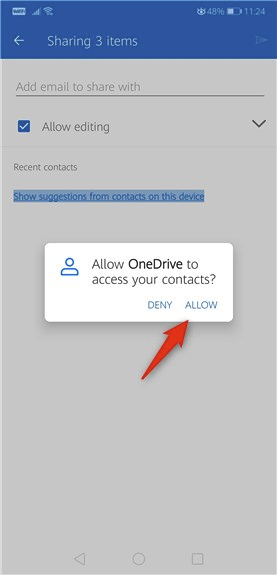 Allow OneDrive to access the contacts on the phone