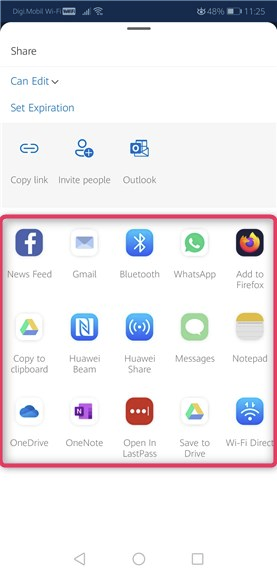 Other options to share files and folders from OneDrive in Android