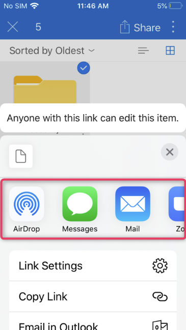 Sharing options in OneDrive for iOS