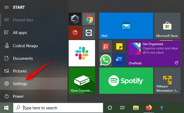 The Settings button from the Start Menu