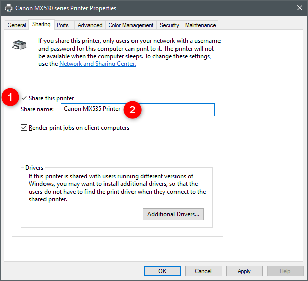 Enabling Share this printer and choosing a Share name