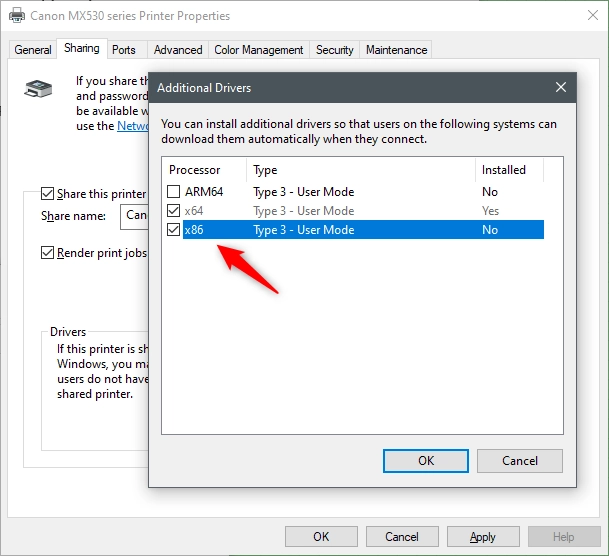 Choosing what additional drivers you want to install for the shared printer