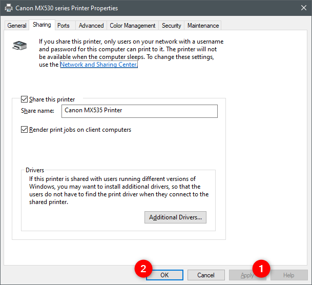 Saving the changes so that the printer is shared with the network