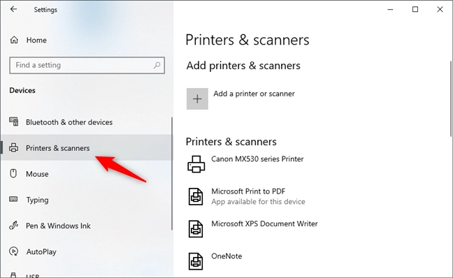 The Printers &amp; scanners section from the Settings app