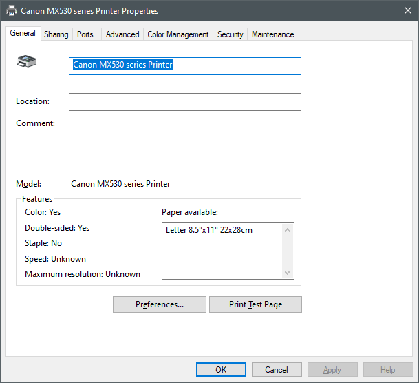 tela de configuração da canon mx530 no windows