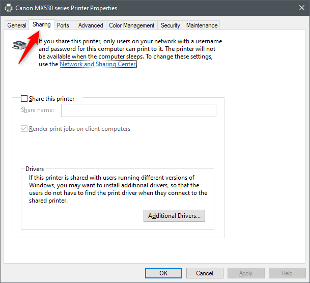 The Sharing tab from the printer's Properties window