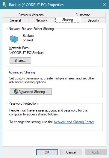 Sharing settings and permissions for a folder