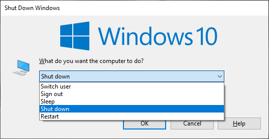 The Shut Down Windows menu in Windows 10