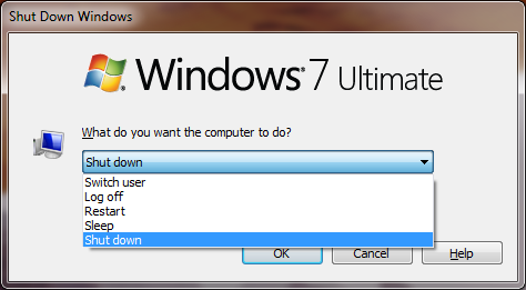 The Shut Down Windows menu in Windows 7