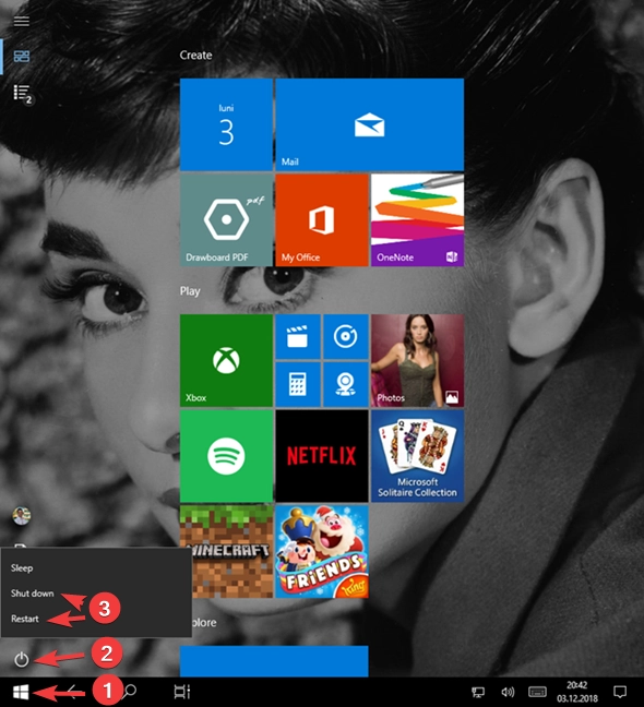 Shut down or restart Windows 10 from the Start Menu