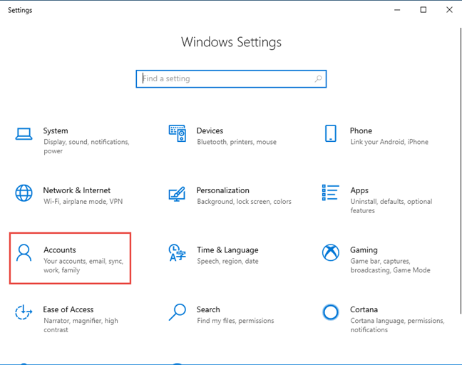 Windows 10 Settings - Go to Accounts