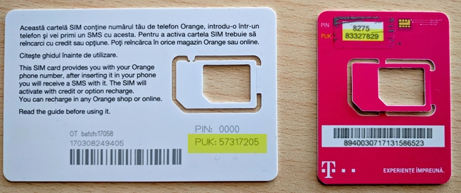 The SIM PIN and PUK codes