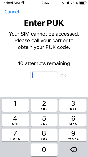 An iPhone asking for the SIM PUK code