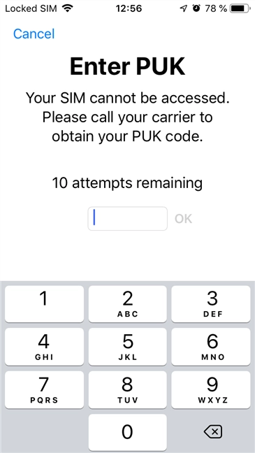 An iPhone asking for the SIM PUK code