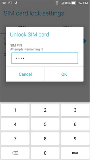 An Android smartphone asking for the SIM PIN code