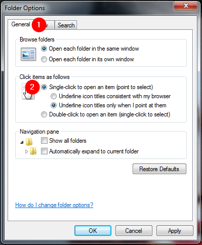Enabling the Single-click to open an item (point to select) setting