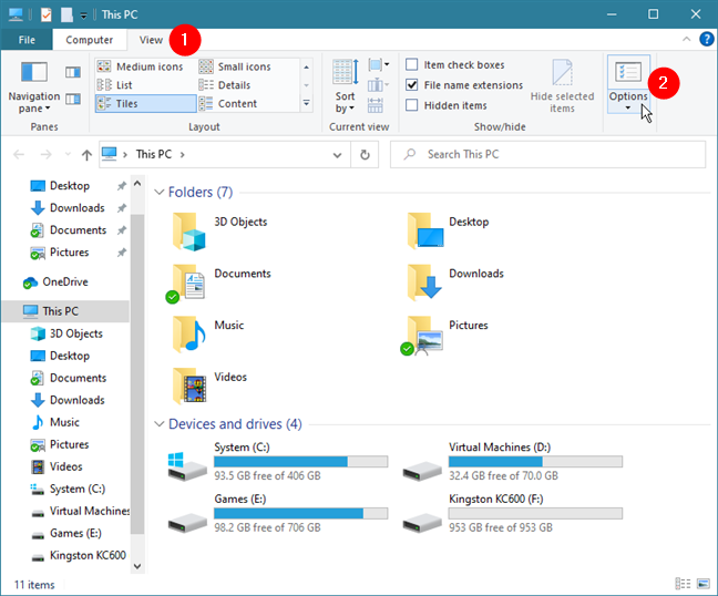 The Options button from the View tab in File Explorer