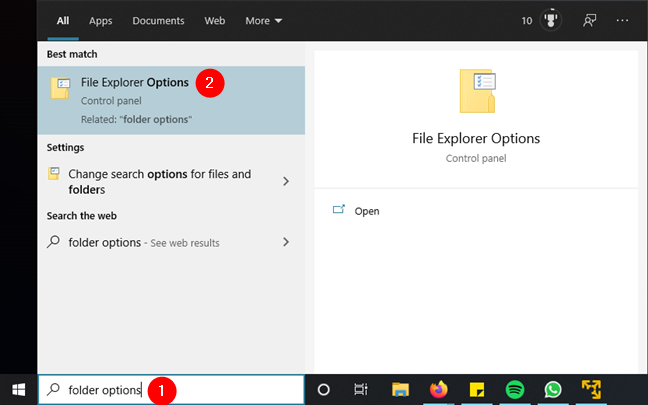Searching for folder options in Windows 10