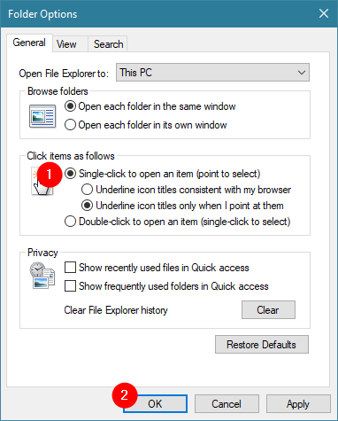 Enabling the Single-click to open an item (point to select) setting