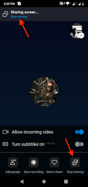 The Stop sharing buttons in Skype for Android