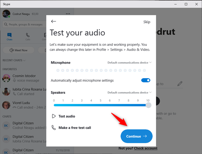 Skype tests the audio devices