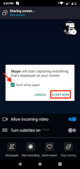 Choosing to let Skype capture the screen in Android