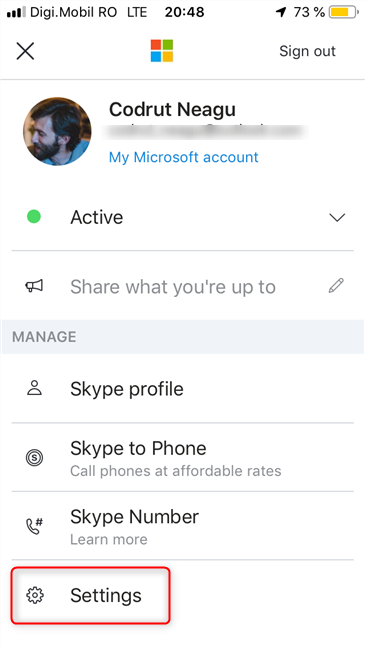 Access the Settings in Skype for iOS