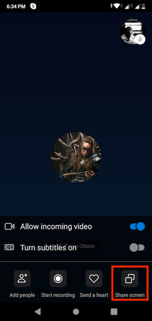 The Share screen button in Skype for Android