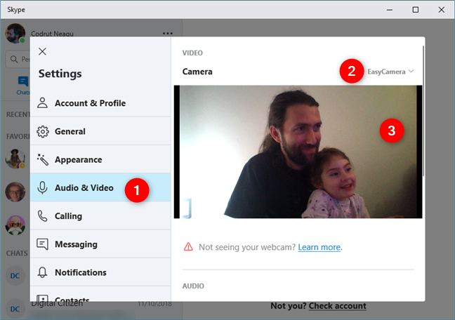 Checking the webcam live video feed for Skype