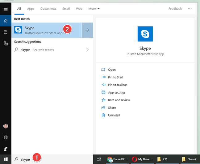 Search for the Skype app in Windows 10