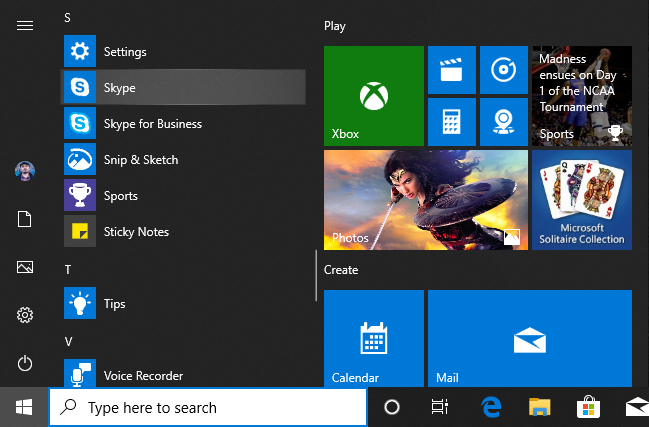 Skype in the Windows 10 Start Menu