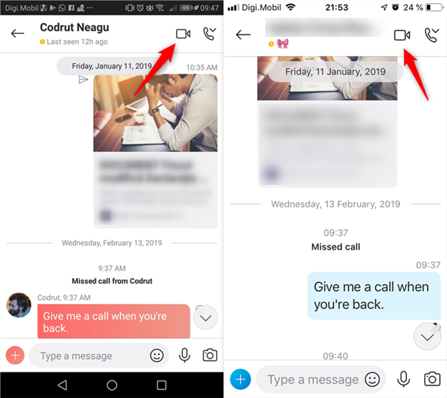 Starting a video call in Skype for Android and iOS