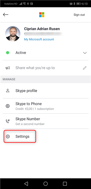 Access the Settings in Skype for Android